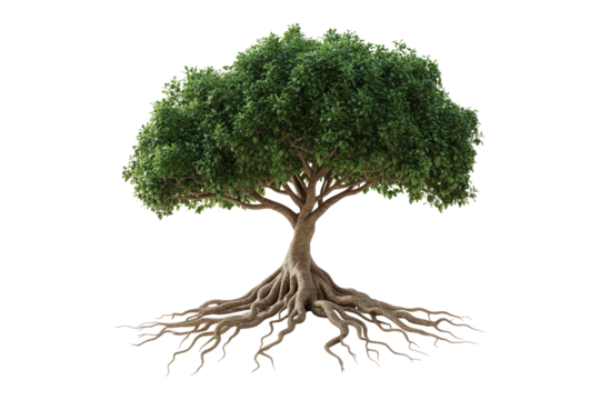 Lone fig tree with sprawling roots stretching isolated on white or transparent, PNG