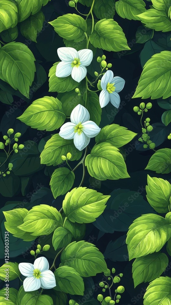 Wall mural White Flowers And Lush Green Leaves Pixel Art