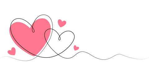 Hearts in one line. Horizontal banner with copy space. Valentine's day, wedding, romance. Vector illustration.