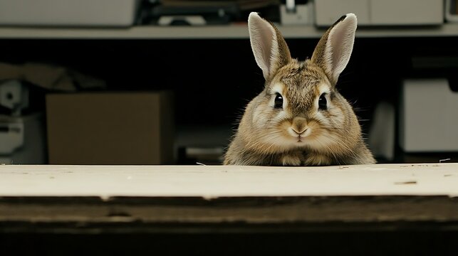 Adorable Rabbit Peeking Over Edge of Desk with Curious Expression in Office Environment Scene