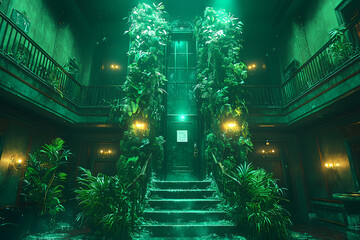 Obraz premium An elegant hotel lobby with a grand chandelier, luxurious furnishings, and a vintage desk. The mysterious note hints at a hidden quest.