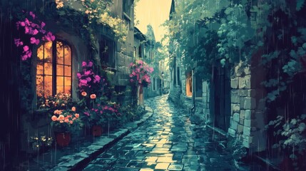 Rainy cobblestone street in a quaint European village, with flowers and warm window light.