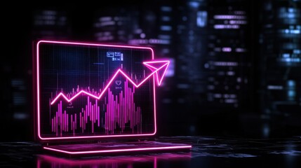 Naklejka premium Neon Graph on Laptop Display Indicates Market Growth and Progress