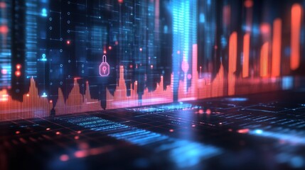 Abstract internet safety and security interface with padlock and business charts on blurry blue background. Secure and cyber concept. 3D Rendering