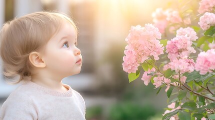 Fototapeta premium Adorable Toddler Gazing at Blooming Pink Flowers in Sunny Garden with Peaceful Innocence