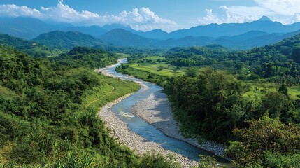 Serene river meanders gently through lush green valley bathed in bright sunlight. AI Generated
