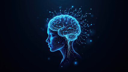 A digital illustration of a human head with glowing AI-like circuits emanating from it.