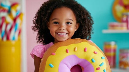 Plus size child joyfully hugging an oversized donut pillow in a room decorated with candy themed posters and jars of colorful sweets 