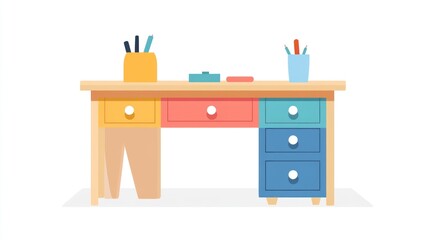 Colorful desk with drawers and stationery