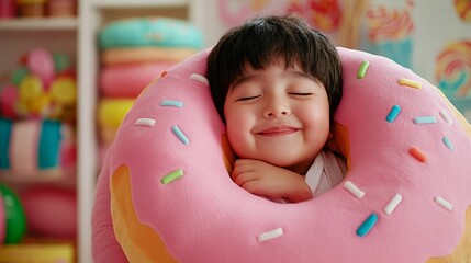 Plus size child joyfully hugging an oversized donut pillow in a room decorated with candy themed posters and jars of colorful sweets 
