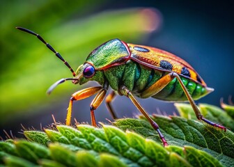 Naklejka premium Close-up of Colorful Insect on Green Leaf with Copy Space - Nature Photography