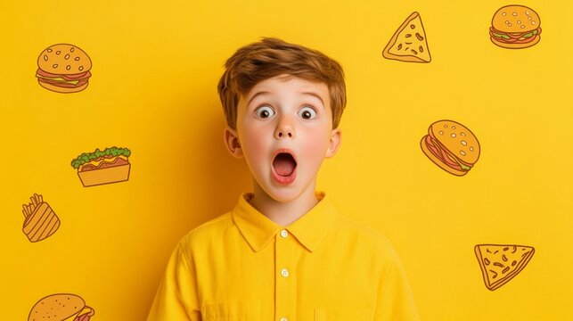 Plus size child surrounded by playful cartoon style burgers fries and pizza illustrations isolated on a gradient yellow background with fun typography space 