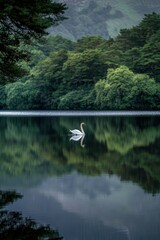 a swan moving gently across a calm lake, with the clear reflection of the bird and the surrounding scenery. The peaceful