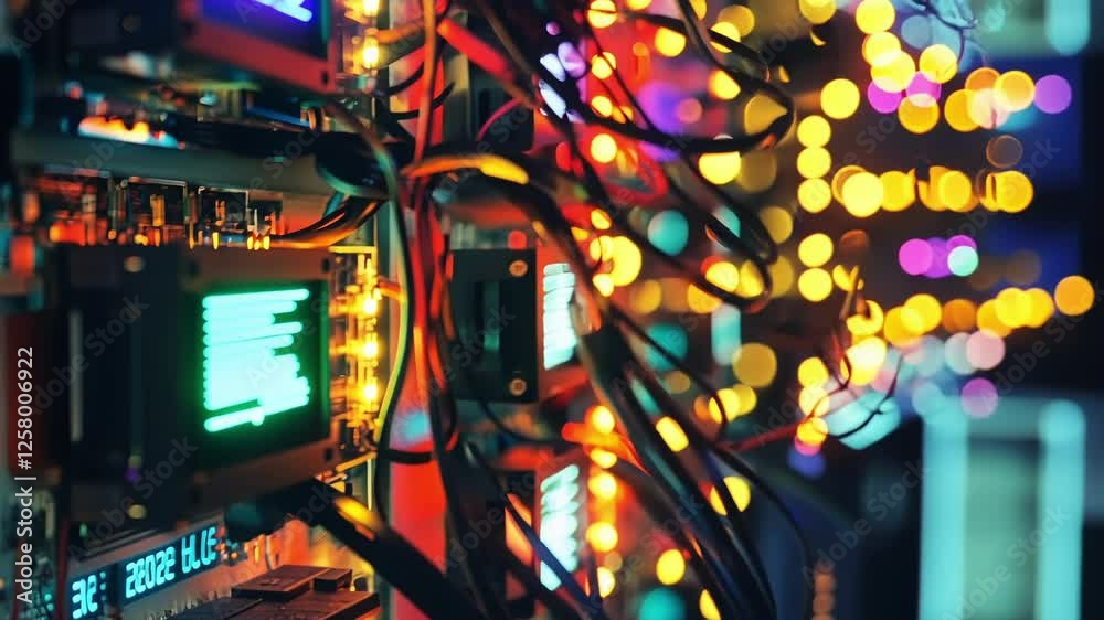 Poster complex network of cables and glowing lights illuminating a server room, showcasing advanced technol