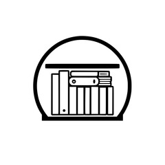 A minimalist depiction of books on a shelf inside of a circle.