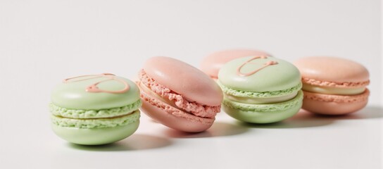 Obraz premium Pastel Macarons delight Airy pastries in soft pink and green perfect for dessert themes or sweet cakes