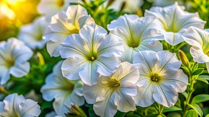 Naklejka premium Close-up of Delicate White Petunia Blooms in Garden