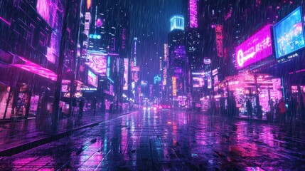 Glowing neon cyberpunk city street view with abstract digital rain effects, vibrant holograms and futuristic city atmosphere, background wallpaper AI generated image