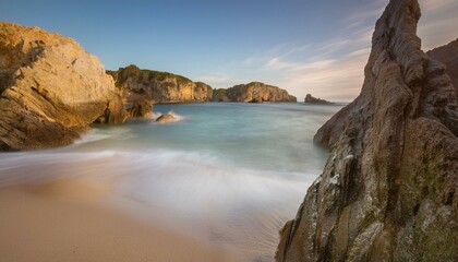 Fototapeta premium playa pariadisaca de arena fina blanca, con aguas cristalinas y cielo azul, en un precioso atardecer de hora dorada, concepto de postal de viaje