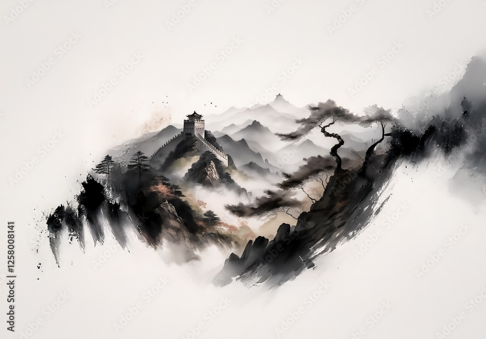 Poster chinese landscape painting with misty mountains and a pagoda on a peak. ink wash style with trees an
