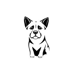 Minimalist black and white dog illustration, portrait of sitting canine, white background.
