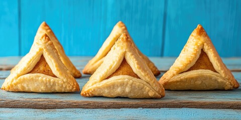 Three triangular scones arranged neatly on a blue serving board. The pastries are golden brown, suggesting they have been baked to perfection.