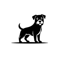 A stylized illustration of a black dog standing against a white background.