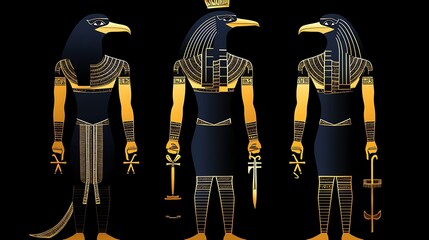 Ancient Egyptian Thoth Gods Trio with Ibis Heads and Ankh Symbols in a Symbolic Representation
