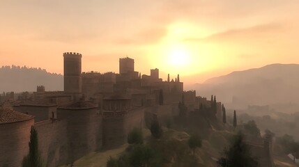 Obraz premium Ancient Fortress at Sunrise Medieval Architecture Against Golden Sky Scenic Vista Old Townscape