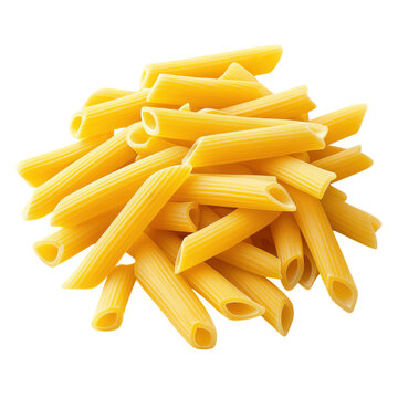 Pile of golden-yellow ziti pasta, smooth tube-shaped with straight-cut edges, isolated on a white background.