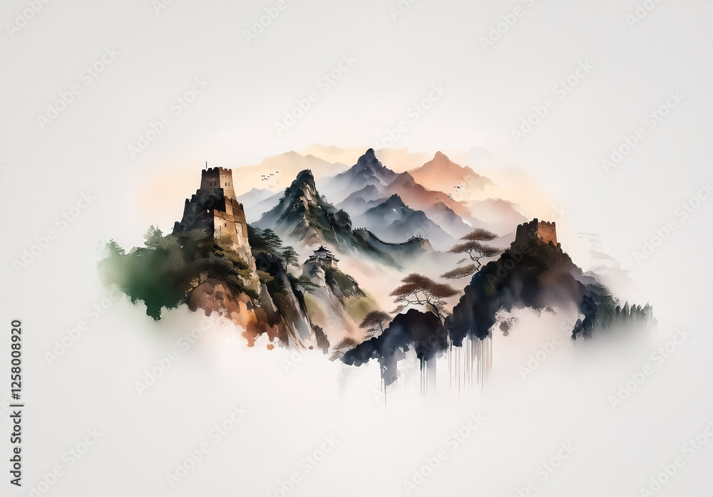 Poster serene landscape of china with misty mountains and ancient-style structures. an artistic and tranqui