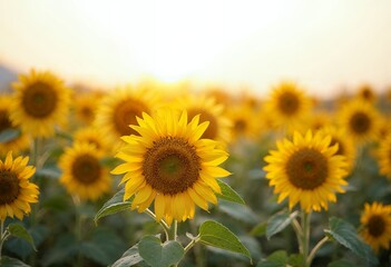 Obraz premium Blooming Sunflower Field at Sunset with Warm Golden Light and Green Leaves