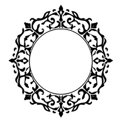 Ornamental black and white filigree frame with a central empty circle.