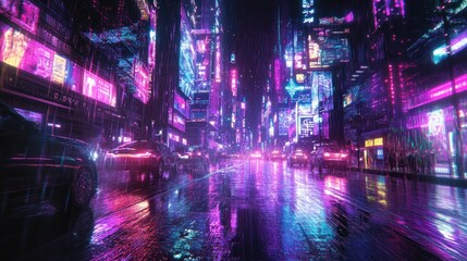 Glowing neon cyberpunk city street view with abstract digital rain effects, vibrant holograms and futuristic city atmosphere, background wallpaper AI generated image