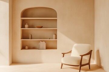 Beige, sunlit room, arched niche bookshelf, armchair