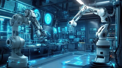 High-tech laboratories equipped with state-of-the-art robotic arms, AI-powered machines, background wallpaper AI generated image
