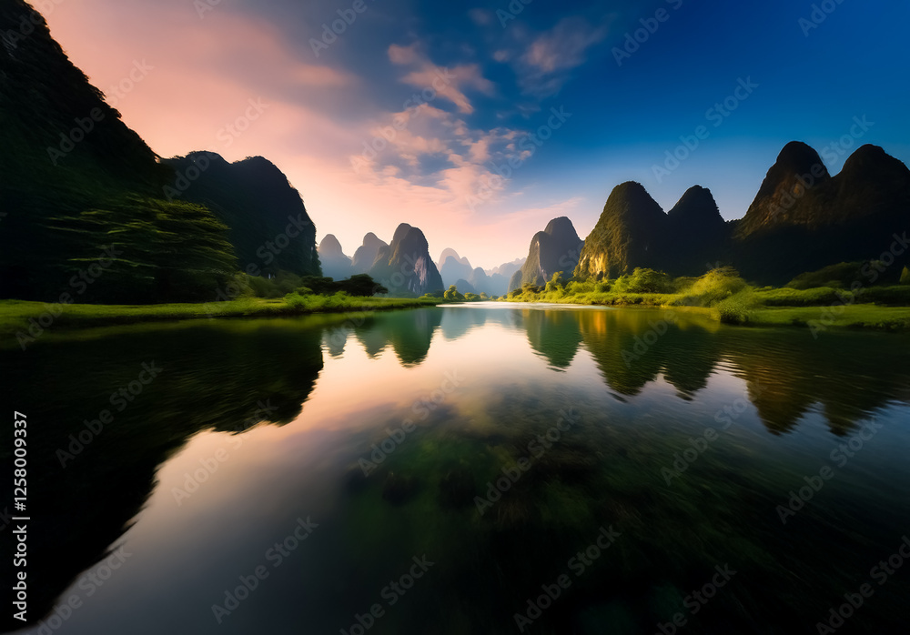 Poster serene landscape in china with towering karst mountains reflecting in calm waters under a vibrant sk