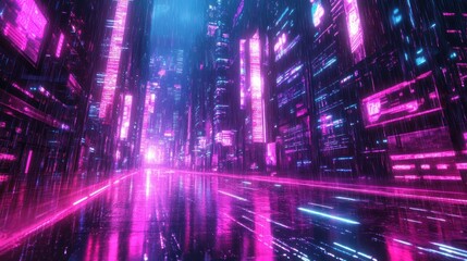 Fototapeta premium Glowing neon cyberpunk city street view with abstract digital rain effects, vibrant holograms and futuristic city atmosphere, background wallpaper AI generated image