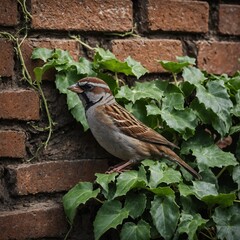 A tiny sparrow perched on an old brick wall covered in ivy.
