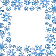 Square frame of blue snowflakes. Hand drawn watercolor illustration isolated on white. For greeting cards, invitations, winter Christmas banners, labels.