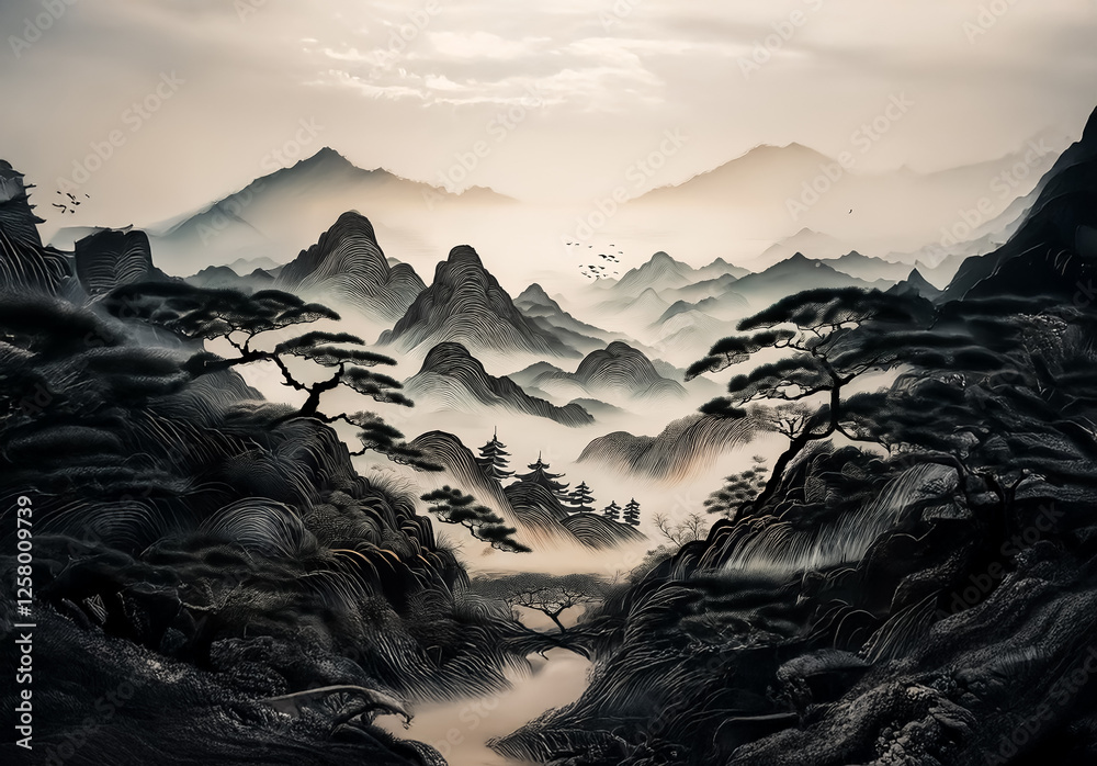 Poster A serene landscape in China, showcasing misty mountains layered in distance. Dark trees frame the foreground, creating depth and peaceful atmosphere in this scenic view.