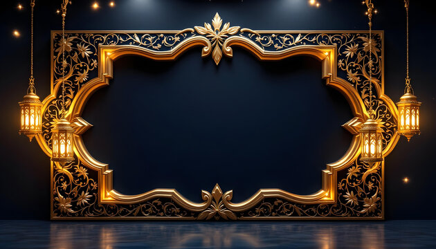 A beautifully designed Ramadan Kareem invitation card with a dark green background, glowing golden lanterns, and symmetrical floral motifs. The central blank space allows for inserting quotes, prayers