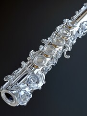 Obraz premium High-end silver clarinet inlayed with string designs. A symbol of elegance and craftsmanship in musical instruments.