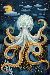 Obraz premium A whimsical octopus with a textured head and flowing tentacles against a night sky backdrop.