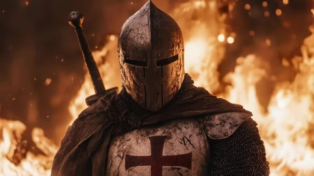 Medieval knight in full armor with steel helmet and chainmail, wearing Templar tunic marked by red cross. Surrounded by glowing embers, he stands in midst fiery battle scene.