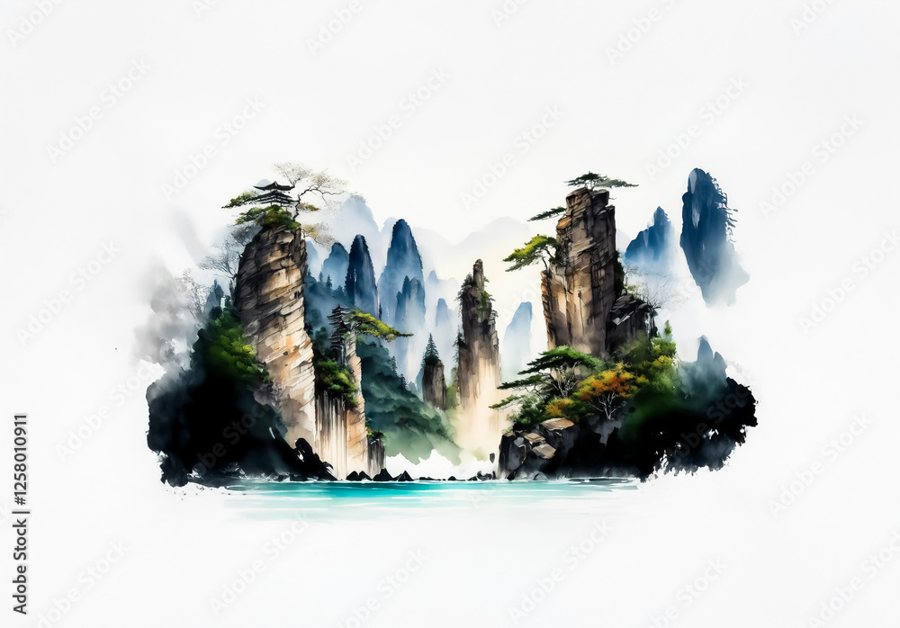 Poster serene china landscape with towering rock formations and lush greenery. misty mountains and calm wat