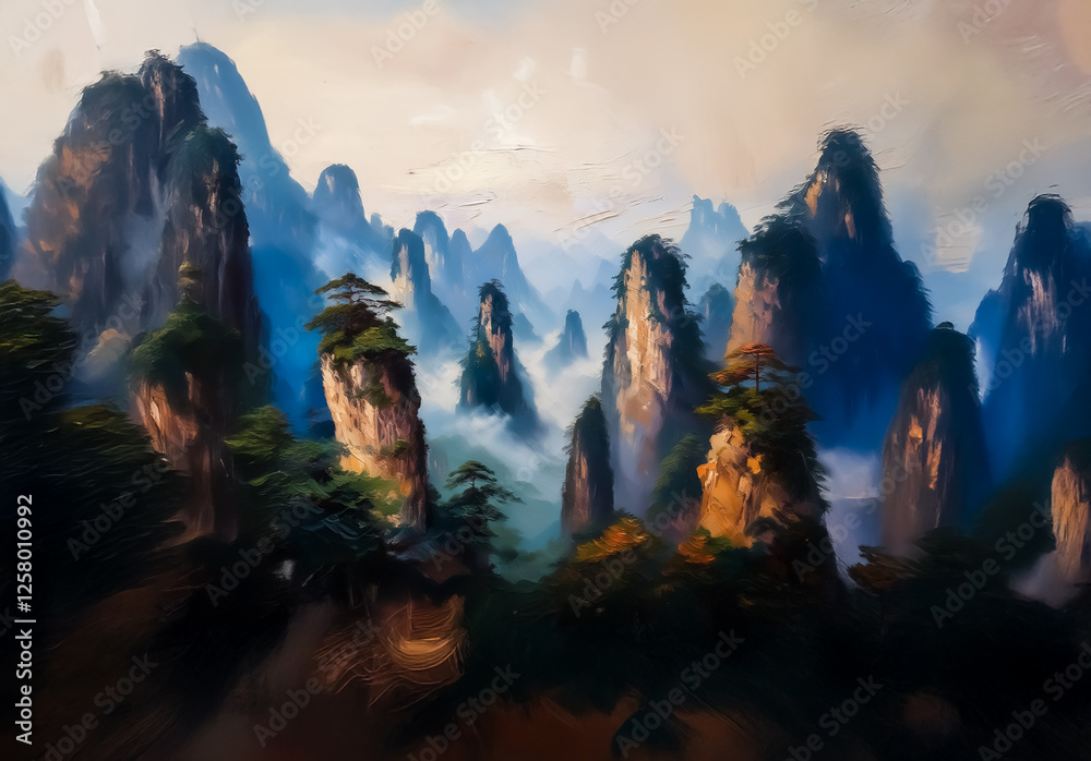 Poster an impressive mountain landscape in china, showcasing towering peaks rising above a layer of mist, c