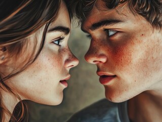 Fototapeta premium Two young people sharing a tender kiss with heart eyes.
