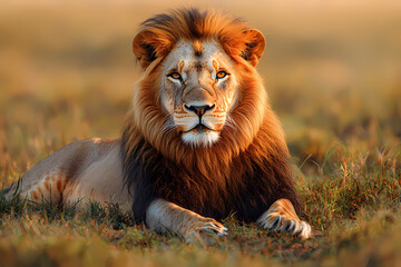 Obraz premium A photorealistic image of a majestic lion resting in the African savanna, with the setting sun casting a warm glow.