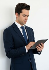 Photo of business manager good and positive mood holding digital e-book tablet reading company report formal wear shirt blazer luxury suit white color background